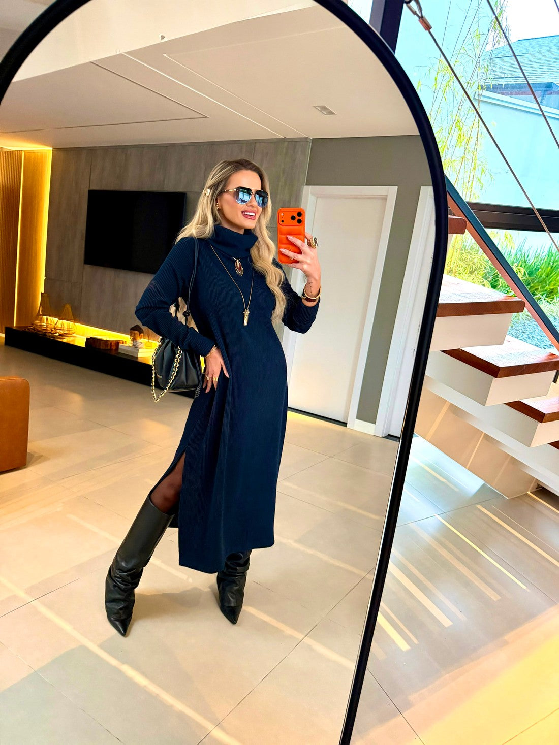 Vestido Midi Tricot Canelado Azul Marinho