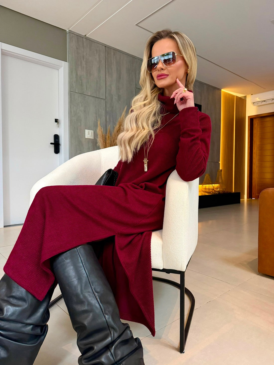 Vestido Midi Tricot Canelado Vinho