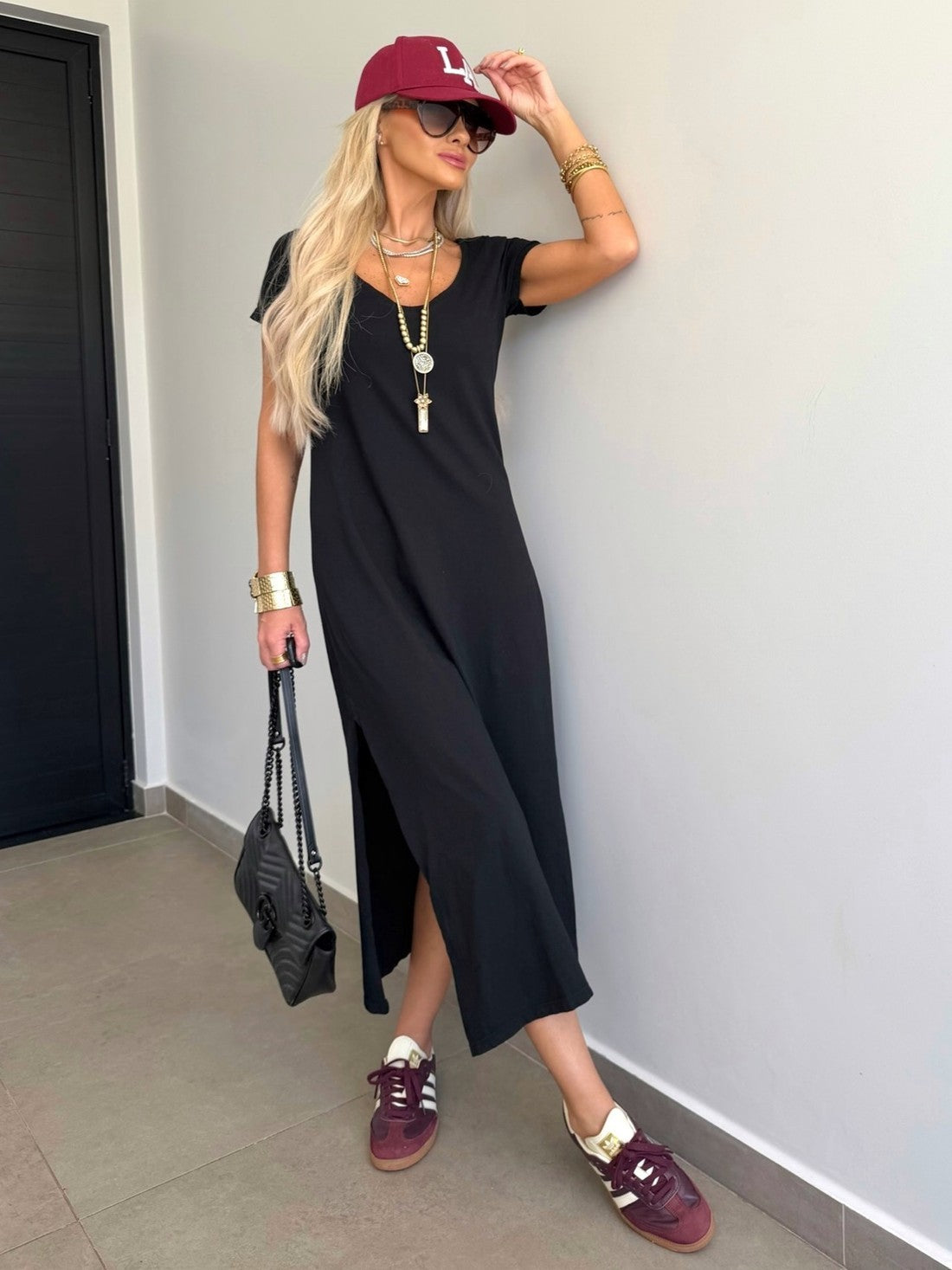 Vestido Midi V Manga Curta Preto