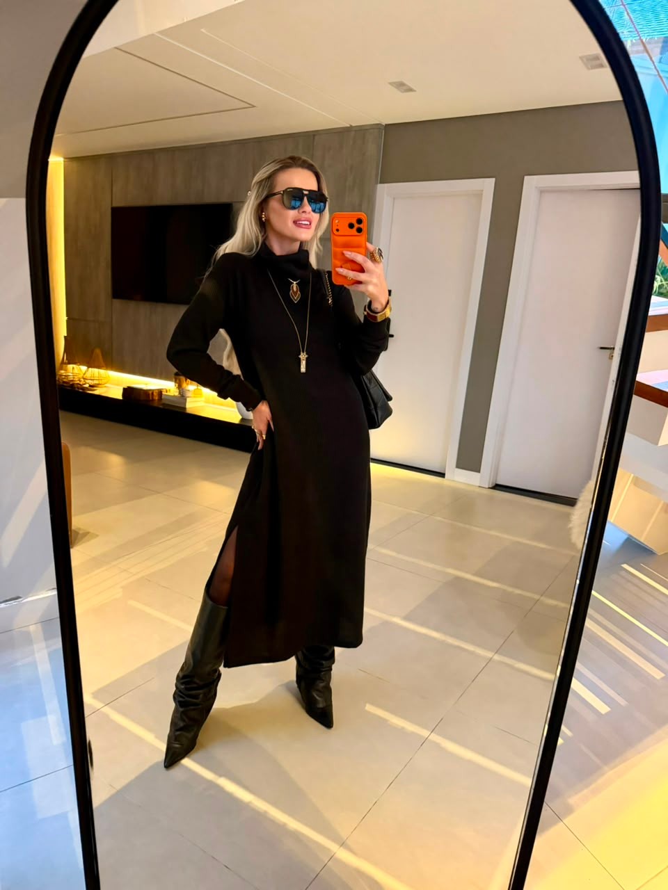 Vestido Midi Tricot Canelado Preto