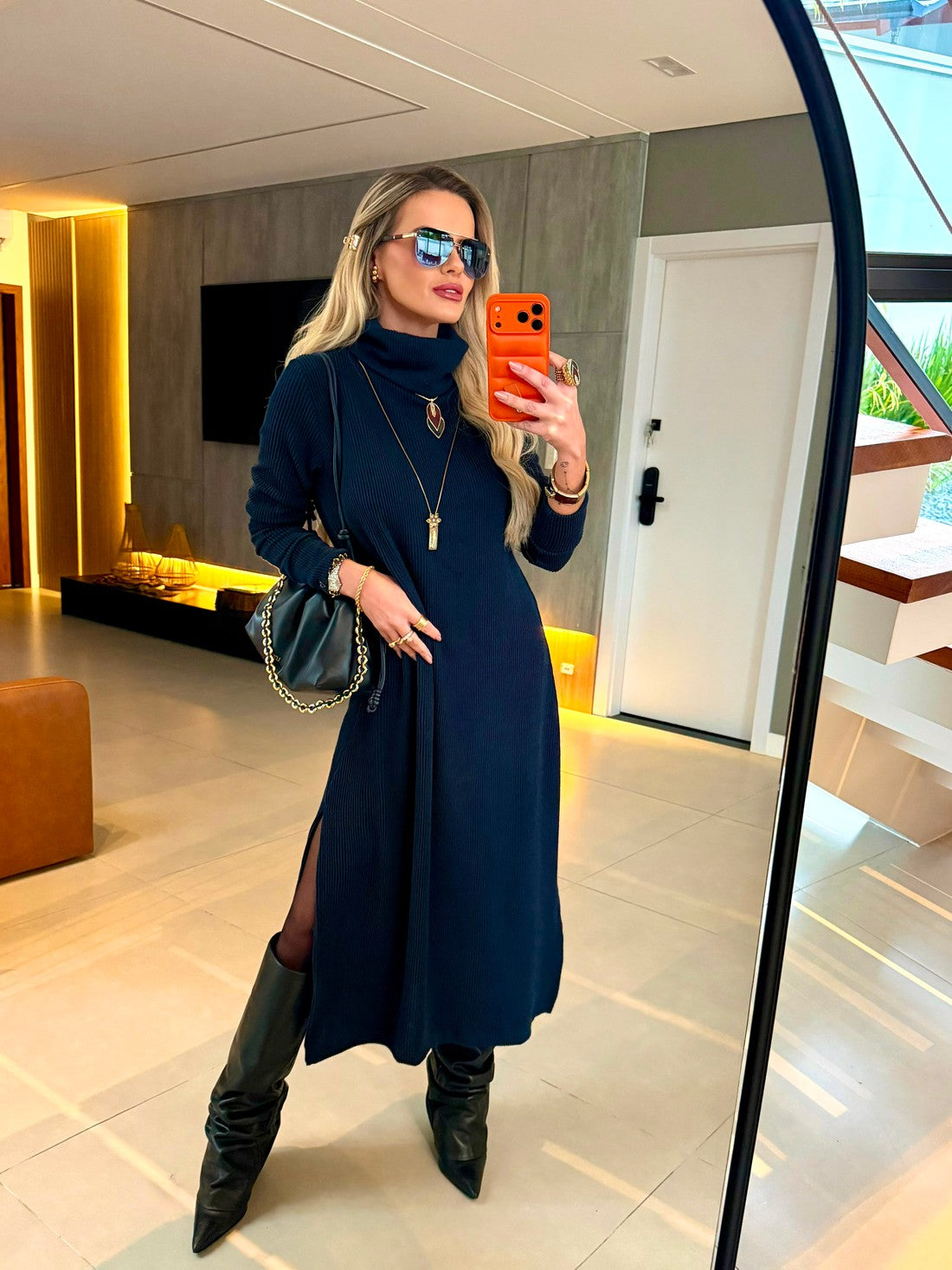 Vestido Midi Tricot Canelado Azul Marinho