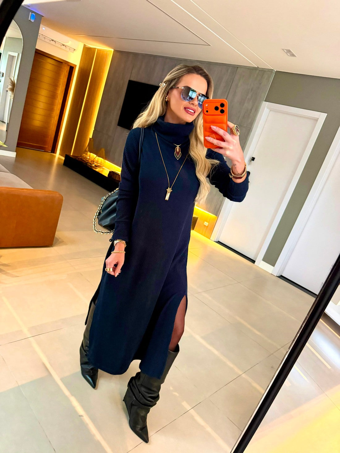 Vestido Midi Tricot Canelado Azul Marinho