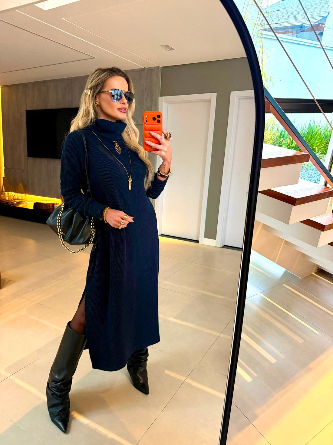 Vestido Midi Tricot Canelado Azul Marinho