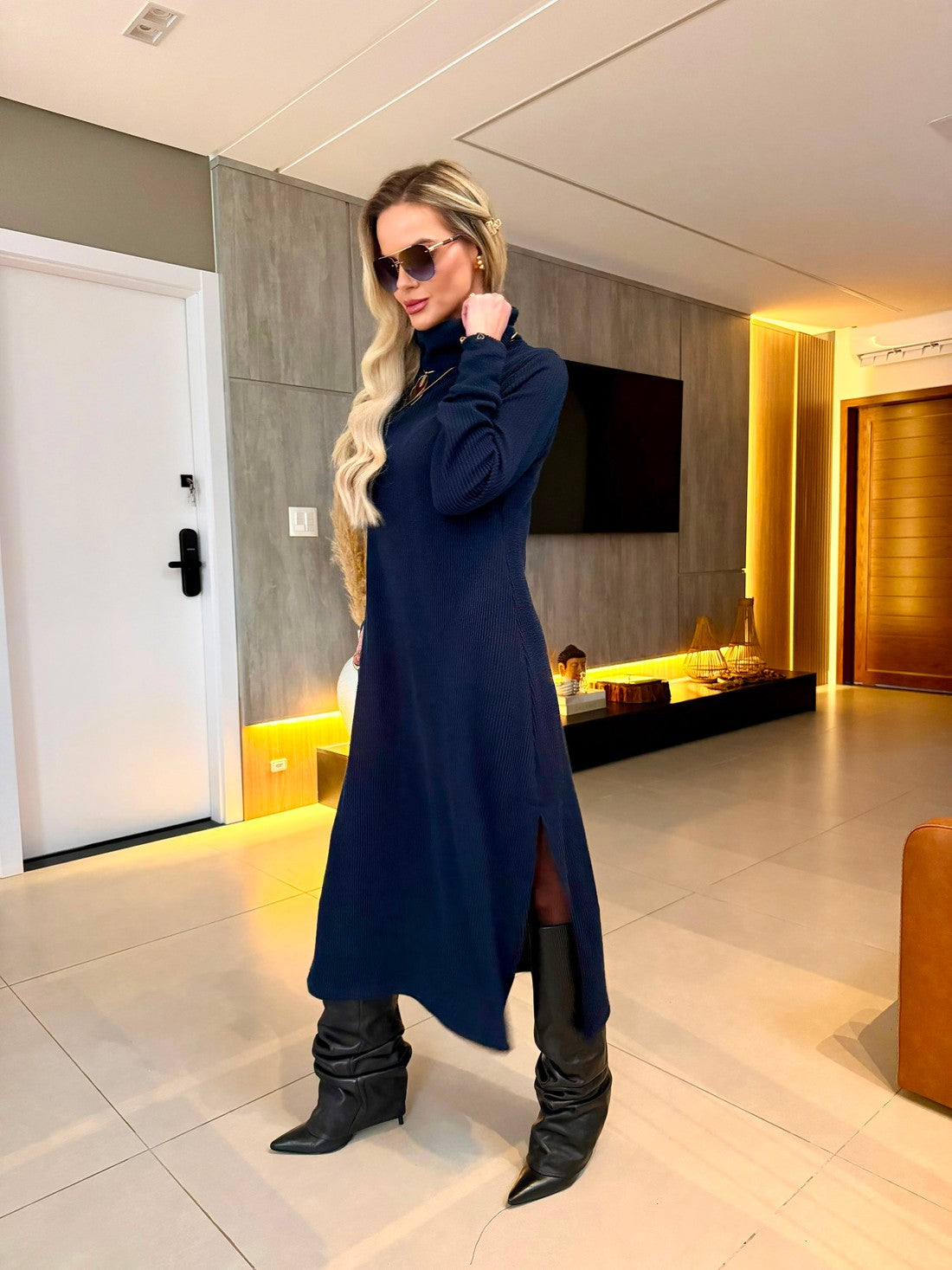 Vestido Midi Tricot Canelado Azul Marinho