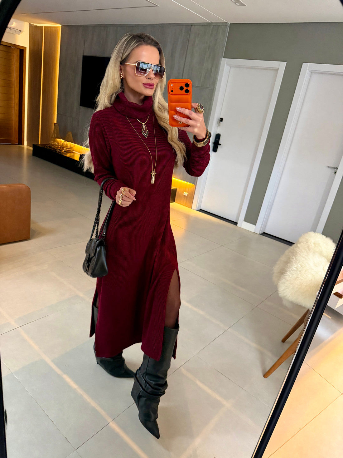 Vestido Midi Tricot Canelado Vinho