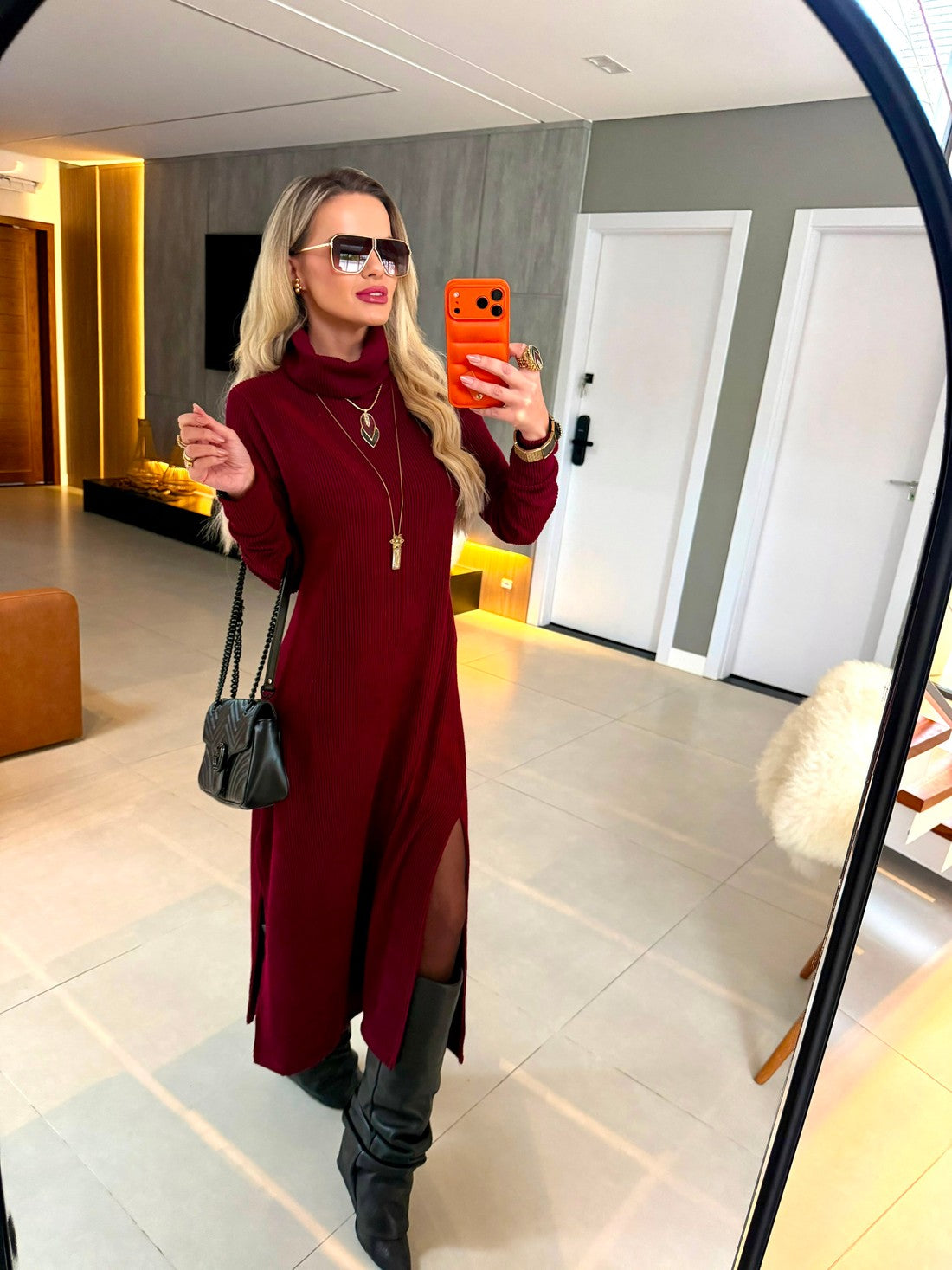 Vestido Midi Tricot Canelado Vinho