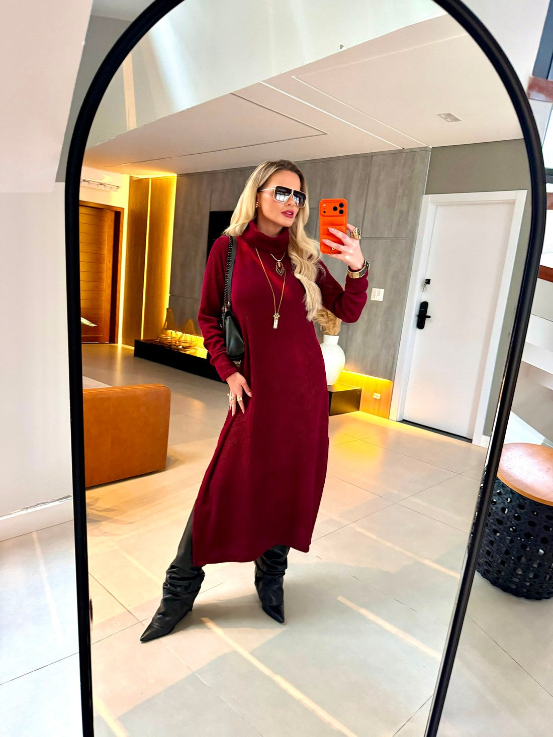 Vestido Midi Tricot Canelado Vinho