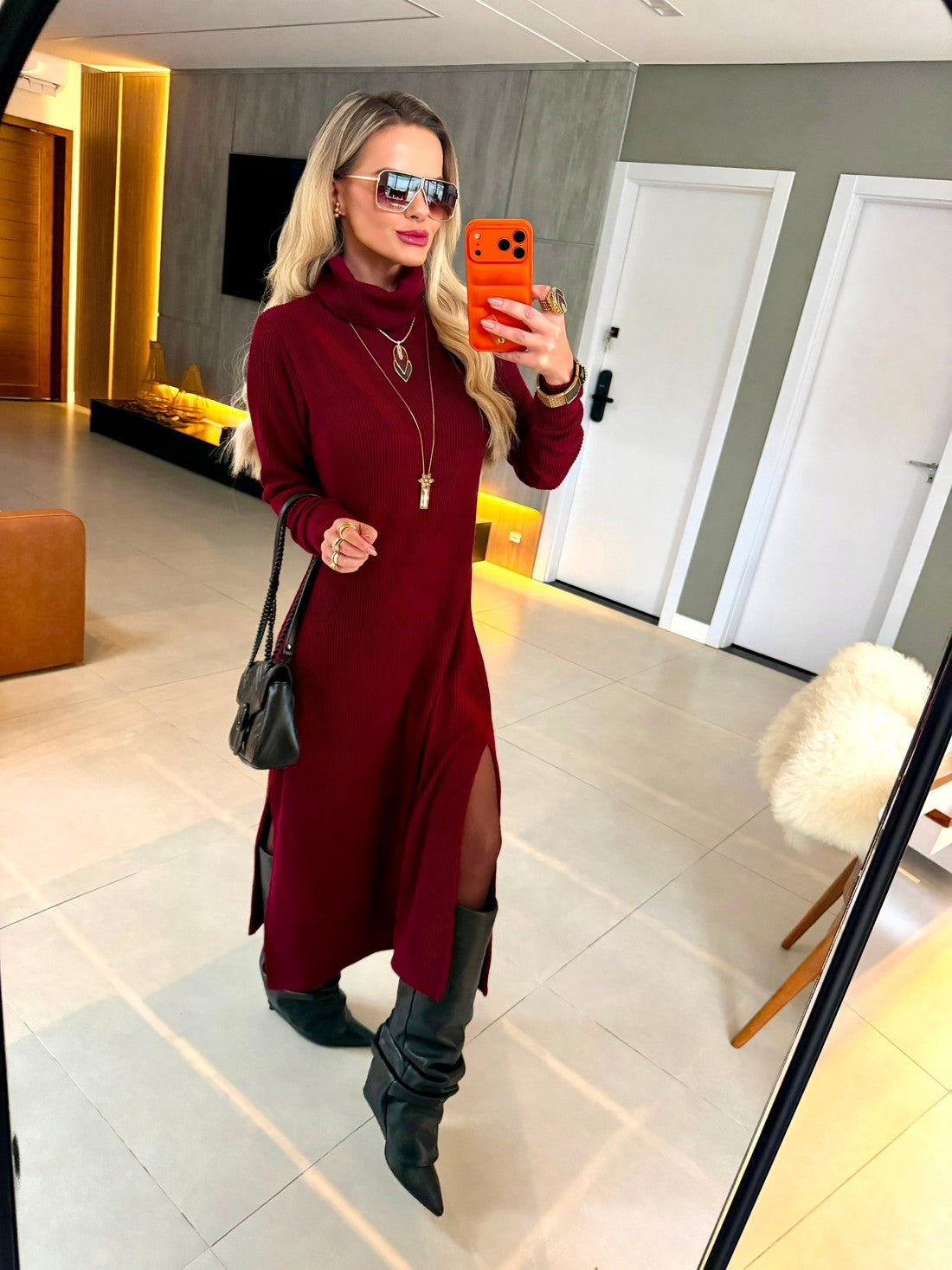 Vestido Midi Tricot Canelado Vinho