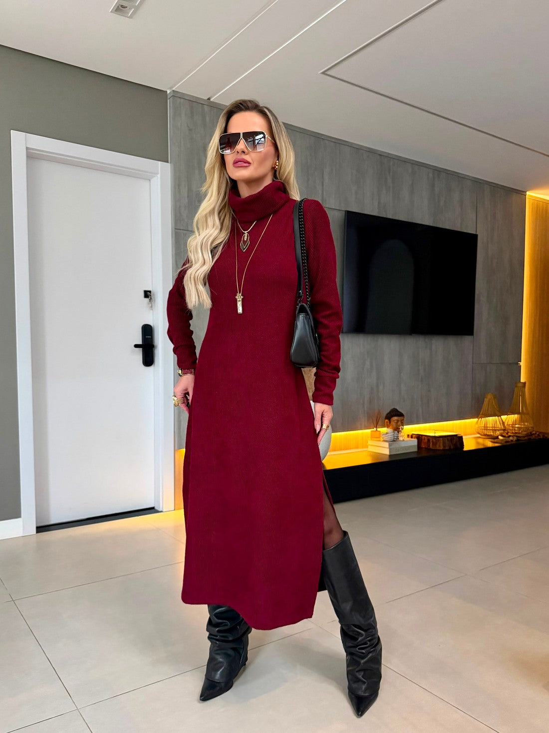 Vestido Midi Tricot Canelado Vinho