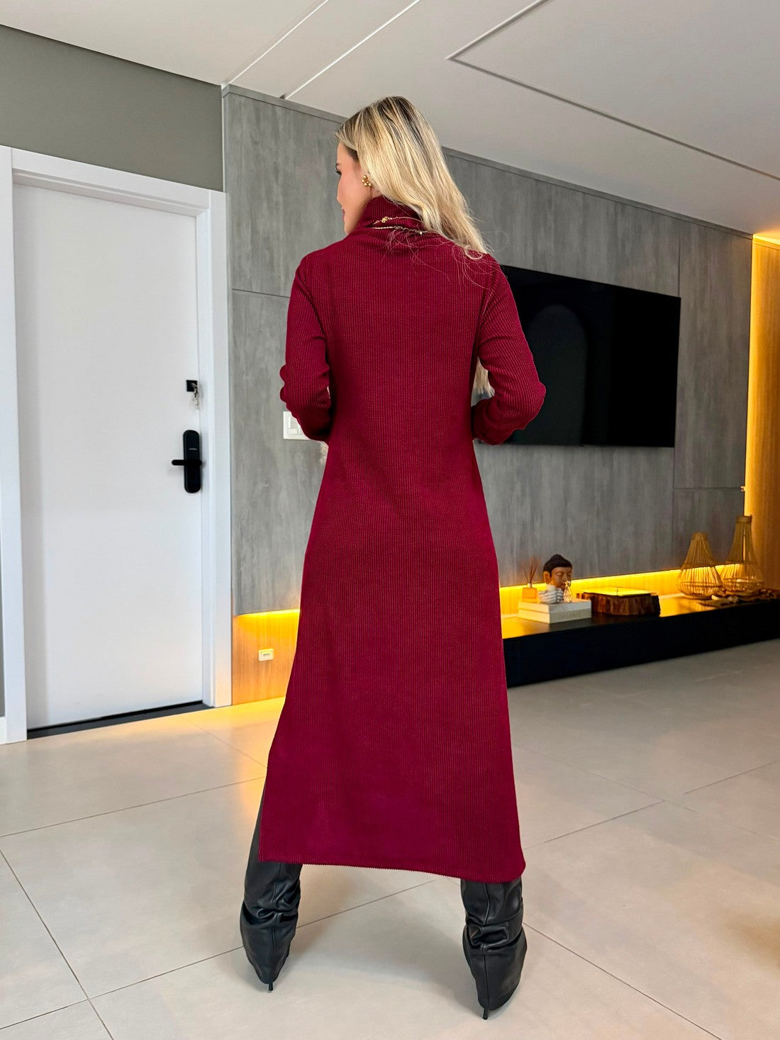 Vestido Midi Tricot Canelado Vinho
