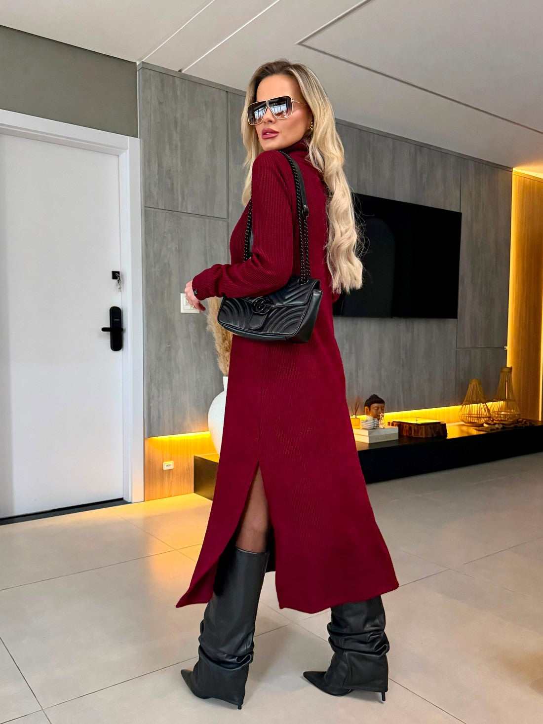 Vestido Midi Tricot Canelado Vinho