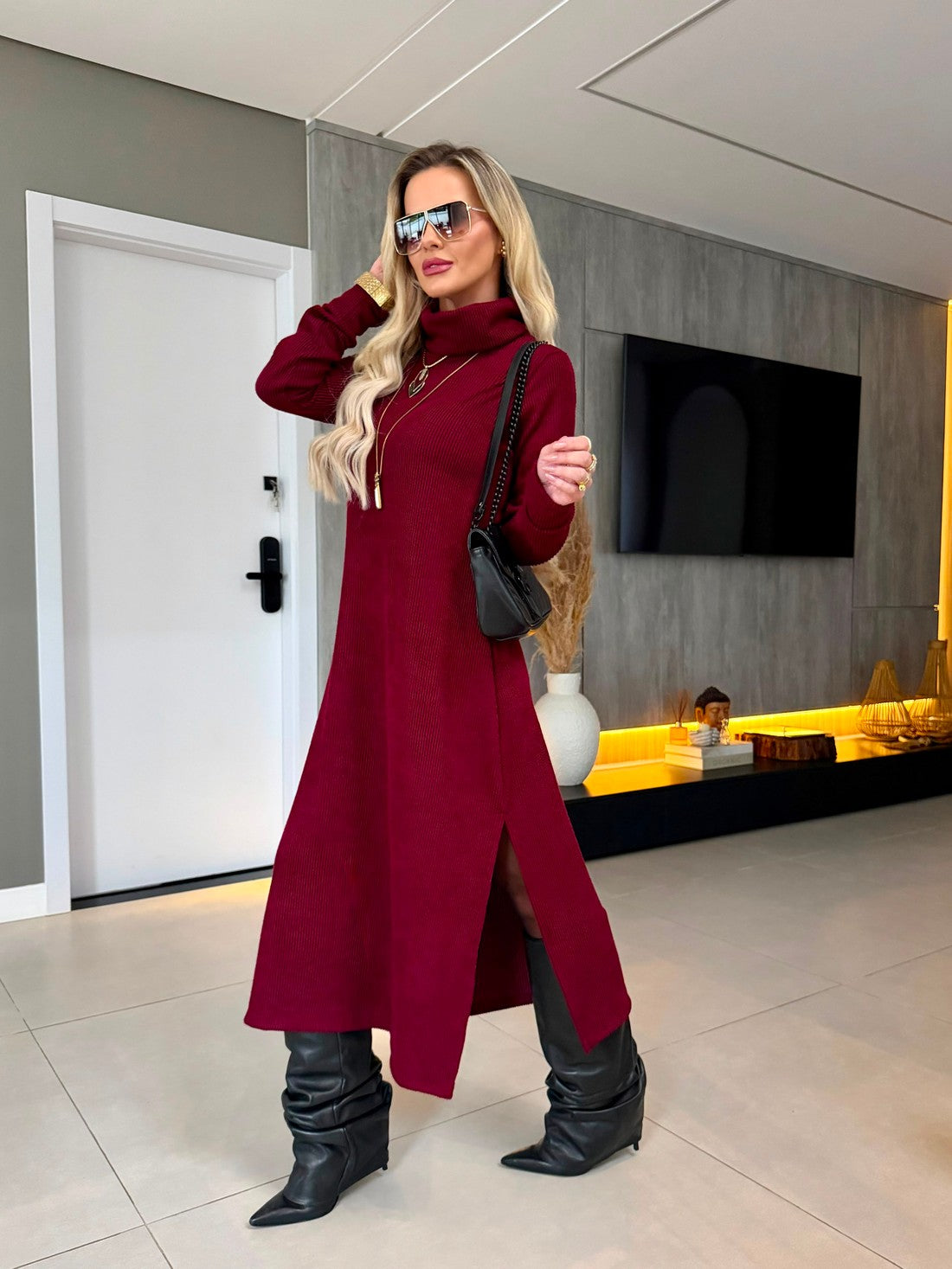 Vestido Midi Tricot Canelado Vinho